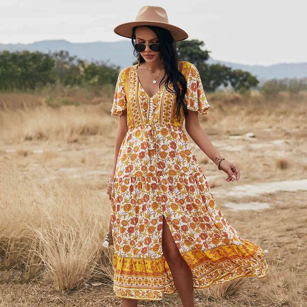 

women long dress summer v-neck short sleeve floral printed bohe style casual women's holidays beach dresses 210524, Black;gray