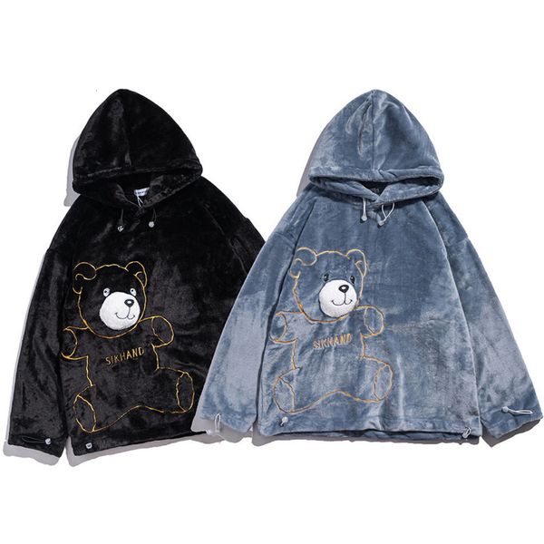 

men's hoodies & sweatshirts and women's hoodies, thick warm wool, bear embroidery, harajuku street clothes, winter large sweatshir, Black