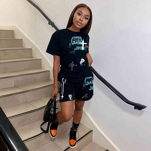 

streetwear sport suit summer women tracksuits black letter print short sleeve t shirt biker shorts hip hop workout running 2, Gray