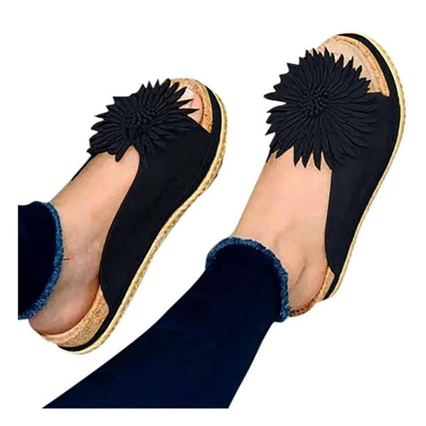 

dress shoes 2021 roman sandals summer women's slippers korean-style flat platform flower decoration flip flops zapatos, Black