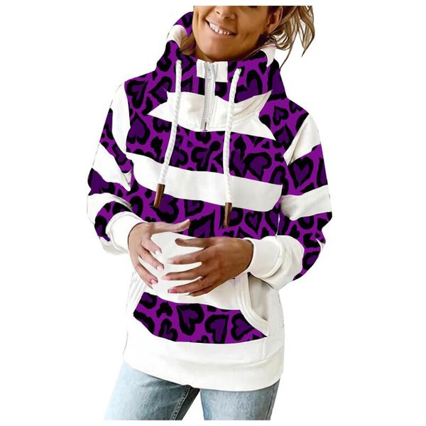 

women's hoodies & sweatshirts stripe women autumn zipper turtleneck stitching long sleeve blouse hooded pocket pullover bluzy damskie, Black