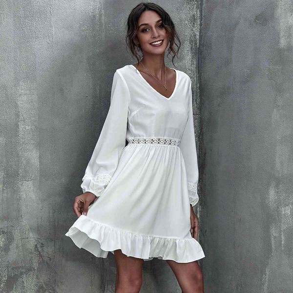 

white dress women spring autumn v-neck long sleeve patchwork ruffles short dress lady causal high waist a-line mini dresses 210414, Black;gray