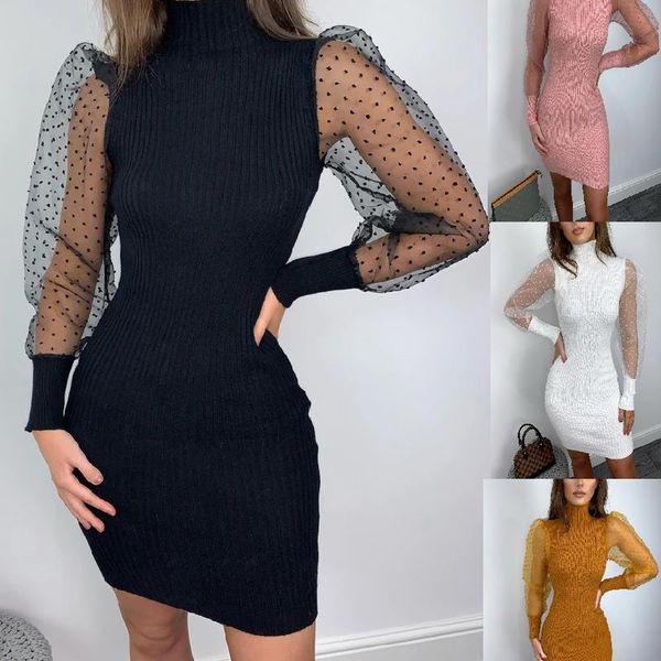 

casual dresses womens lightweight skinny polka dot printing bodycons lace high neck wrap dress mesh puff long sleeve short, Black;gray