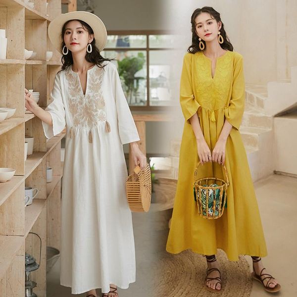 

summer women's style retro tassel embroidery heavy industry v-neck loose cotton and linen bat sleeve short-sleeved dress casual dresses, Black;gray