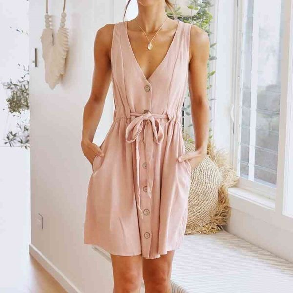 

casual dresses tank women v neck sleeveless button down female lace up holiday beach high waist mini party vestidos gjdi, Black;gray