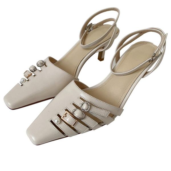 

genuine leather square toe high heel metal fasteners office lady vintage solid buckle straps mules sandals women l42, Black