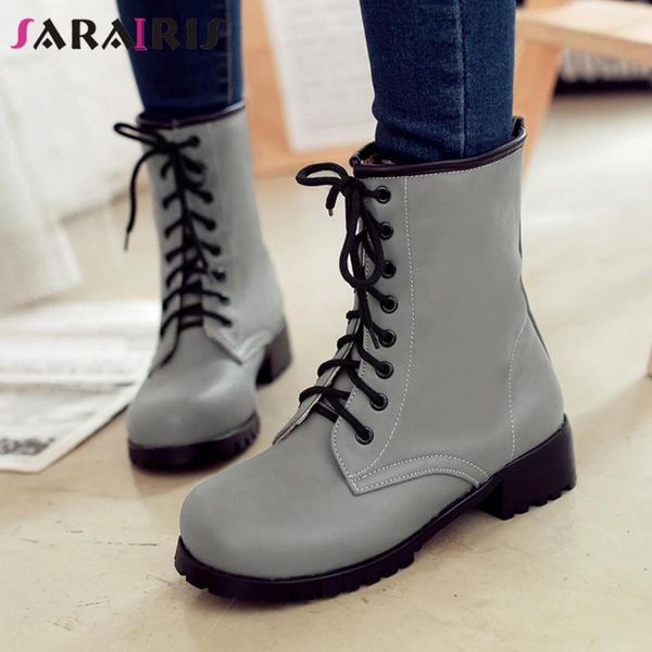 

boots sarairis solid lace up platform round toe ankle women chunky heels short plush ladies shoes, Black