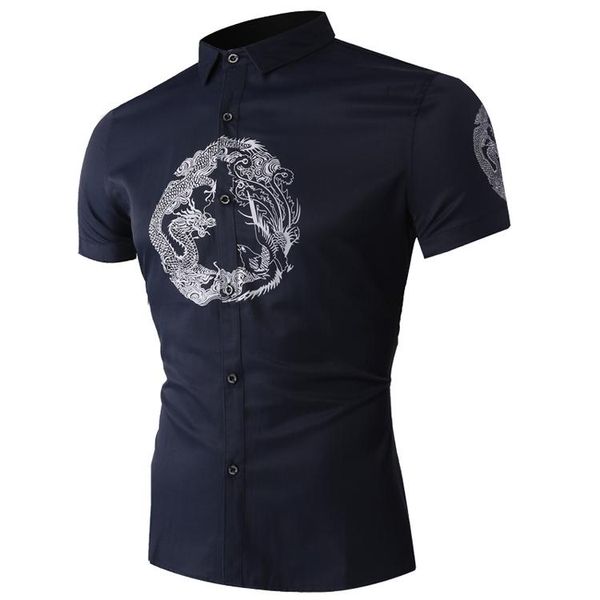 

men's shirts casual shirt dragon print short sleeve slim male fashion wild lapel blouse summer 2021, White;black