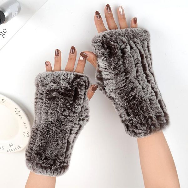 

five fingers gloves women winter fur female manual weavingthick warm half finger luxury mitten driving knitting wool fingerless, Blue;gray