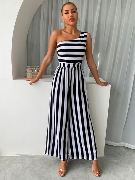 

joyfunear striped one shoulder wide leg jumpsuit o058#, White