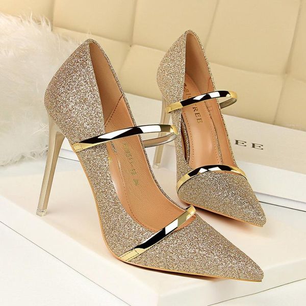 

dress shoes european and american wind heels shallow pointed sequins nightclub thin with a word single, Black
