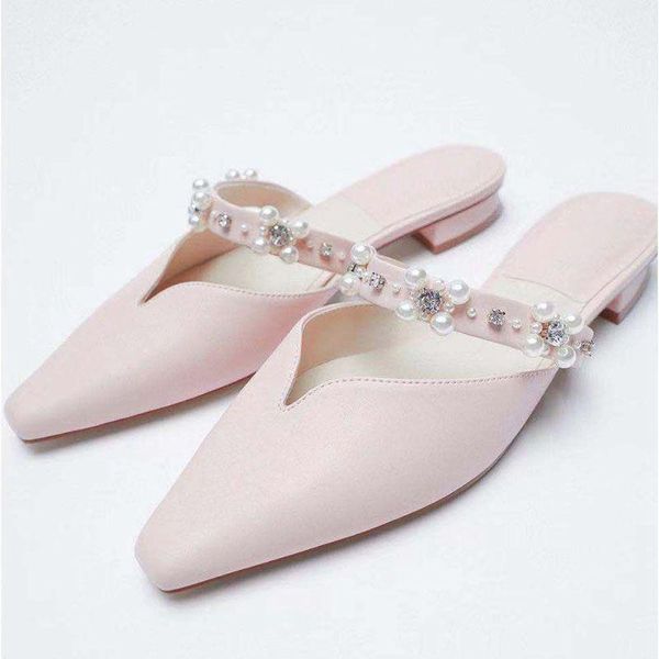 

slippers shoes pink slides cover toe mules for women 2021 string bead shallow med square heel jelly flip flops female block glit, Black