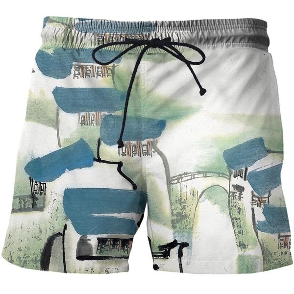 

men's shorts 2021 men 3d house retro chinese brush painting print fashion beach summer casual let in air swimsuit, White;black