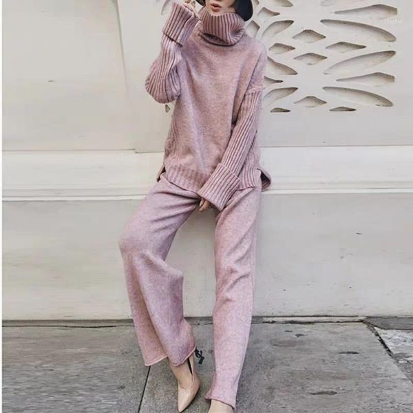 

two piece dress elegant plus size women's spring knitted sweater set winter fashion loose wide leg pants, White