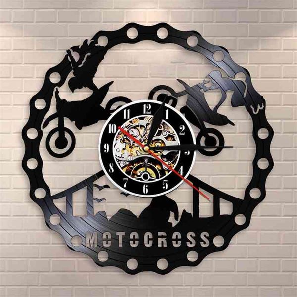 Motocross Racing Brappp Decor Orologio da parete moderno Dirtbike Trick Riding Vinile Orologio da corsa Freestyle Motociclisti Regalo 210401