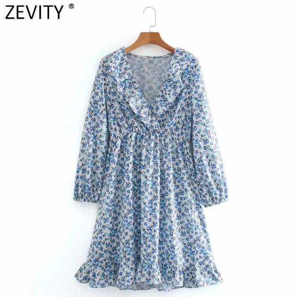 Zevity Frauen Süße Agaric Spitze V-ausschnitt Blumendruck Beiläufiges Dünnes Kleid Femme Chic Saum Rüschen Marke Party Vestido Tuch DS4675 210603