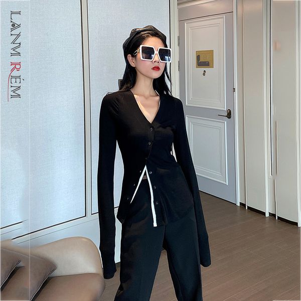 

women black asymmetrical split button t-shirt v- neck long sleeve fashion tide spring and autumn 2e1357 210507, White