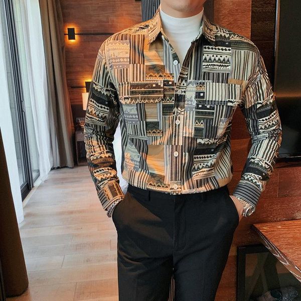 

men's casual shirts camisa hombre british style men nightclub bar striped stitching shirt 2021 trendy flower social masculina, White;black