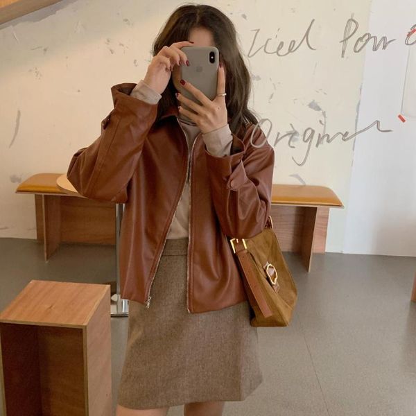 

women's jackets 2021 spring autumn women leather jacket pu faux lady brown zippers motorcycle biker female coats, Black;brown