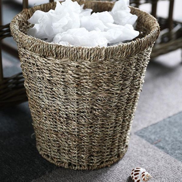 

waste bins 1pc home woven garbage can creative rattan trash basket with lid bucket straw bin for office