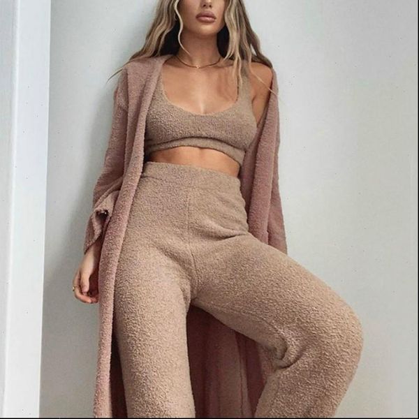 

autumn womens tracksuits winter plush home clothes fashion v neck sling tank and solid color trousers suit comfy warm, Gray