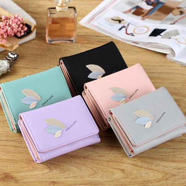 

wallets women short wallet ladies zipper leaf print purse money bag female card holder cartera mujer, Red;black