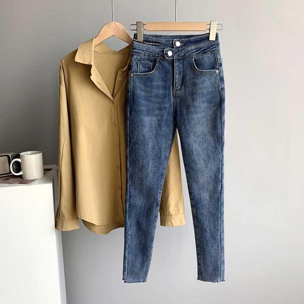 

fashion winter dislocation two-button high-waisted jeans are thin and thickened with velvet skinny feet pencil pants women's, Blue