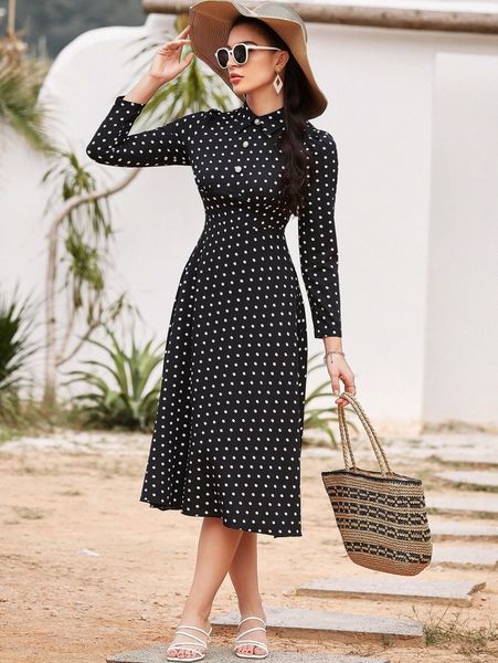 

polka dot print puff sleeve dress f0x6#, Black;gray