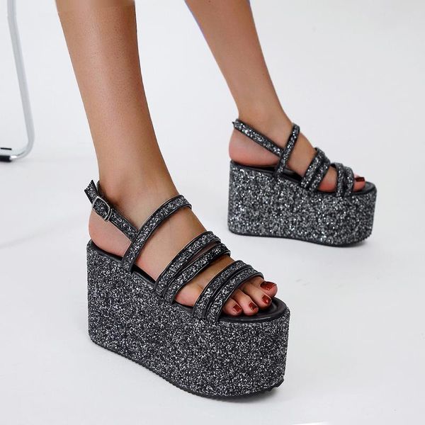 

dress shoes silver sandals 10cm wedge heels punk ladies open toe platform wedged chunky summer gladiator sandalias romanas, Black