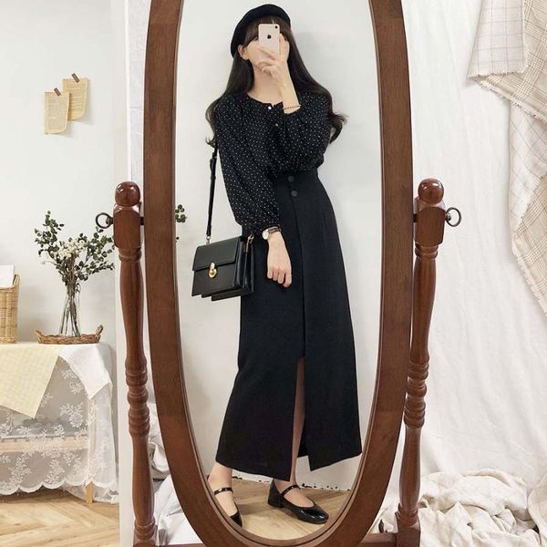 

skirts solid black brown mid calf women skirt vintage spring summer straight long office lady high waist girls femininas