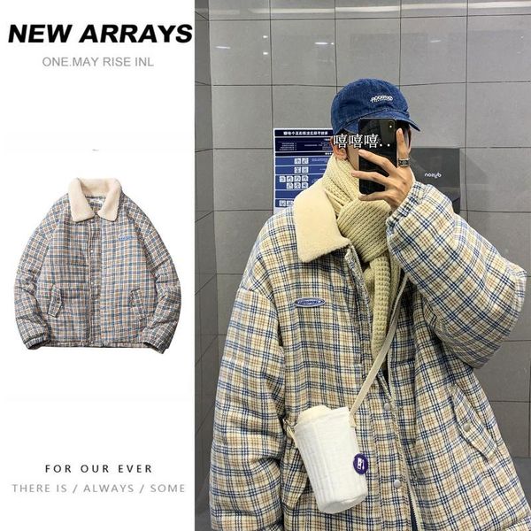 

men's jackets lamb velvet lapel woolen cloth thick warm outer wear plaid loose casual jacket winter fashion long sleeve oversize clothe, Black;brown