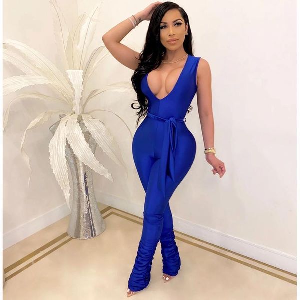 

women's jumpsuits & rompers deep v neck bodysuit pleated sleeveless slim bodycon jumpsuit women summer streetwear solid bandage stacked, Black;white