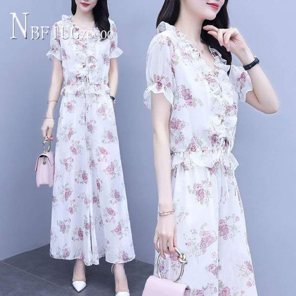 

women's tracksuits green leaf and flower printed women sets short sleeve blouse elastic waist pants female, Gray