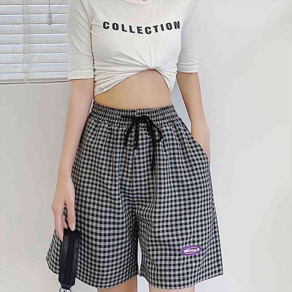 

summer casual loose womans plaid women shorts elastic high waist wide leg with pockets for female vintage short trousers, White;black