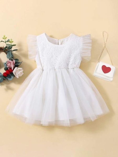 

baby lace insert contrast mesh butterfly sleeve dress she, Red;yellow