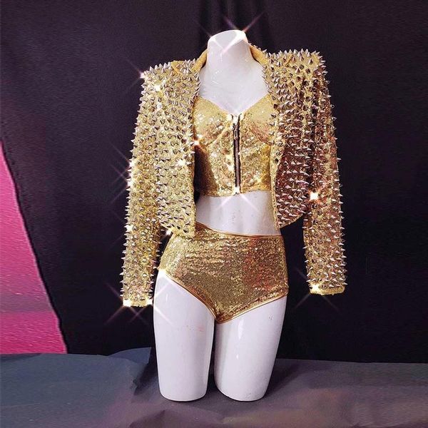 

party decoration punk rivets rock locomotive female singer costume women coat bra shorts stage performance wear clothing festival outfit