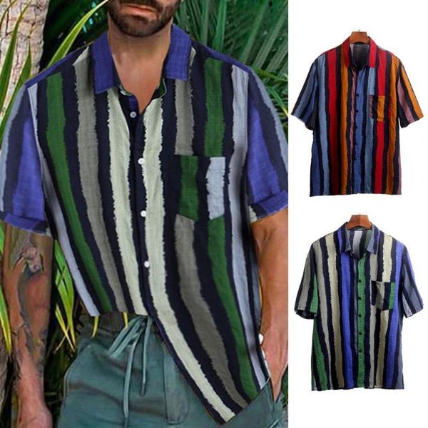 

men's t-shirts men shirt striped button loose pockets retro short sleeve vintage blouse stylish casual brand shirts 2021 streetwear, White;black