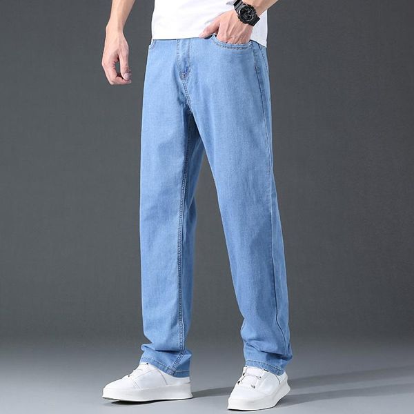 

men's jeans 2021 summer men thin right light blue fashion casual ice seats dust elastic loss denim broek brand pants