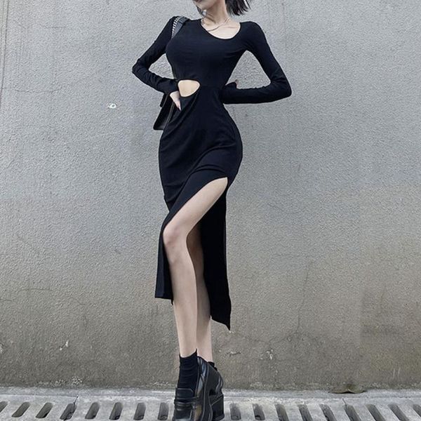 

casual dresses hollow open waist long-sleeved dress high slit oblique collar exposed clavicle slim bag hip mid-length women 2021, Black;gray