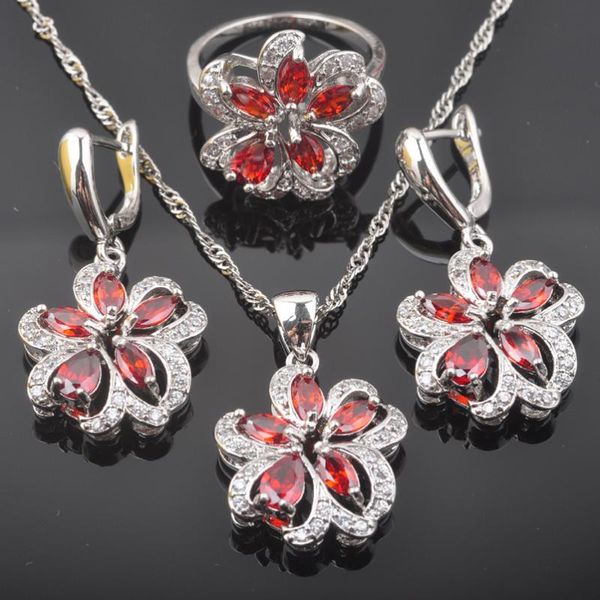 

earrings & necklace christmas gift shining flower red zirconia women's silver color jewelry sets pendant rings qz0534