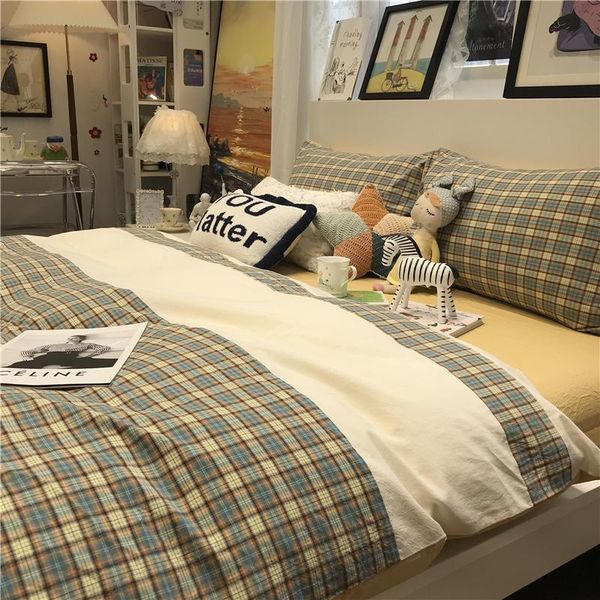 

bedding sets ins japanese washing cotton color matching small grid temperament girl heart bed four quilt cover 1.5 m