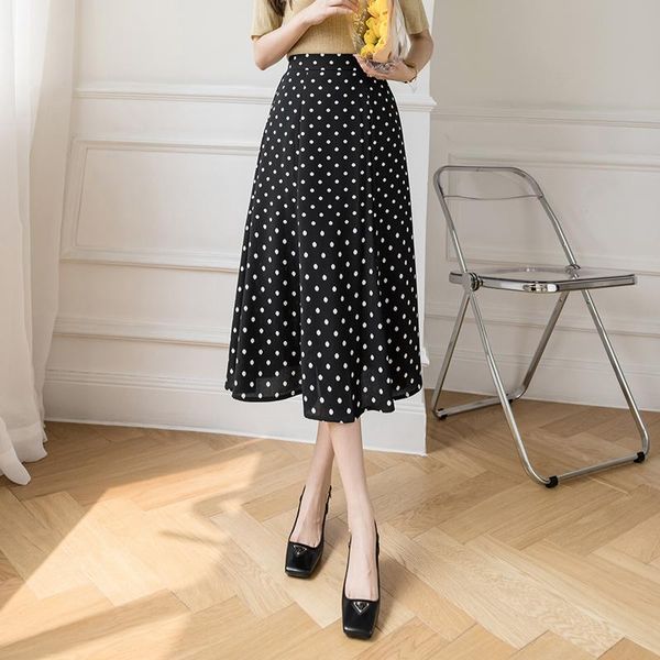 

dot chiffon holiday beach wear female skirt summer high waist women casual 2021 fashion ladie skirts a324, Black