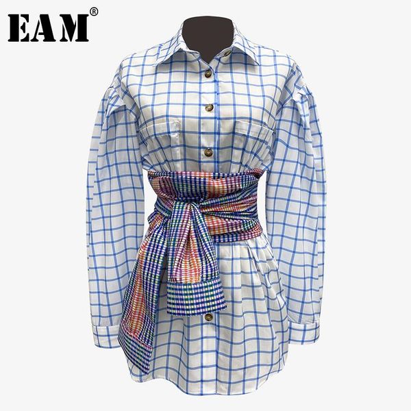 

women's blouses & shirts [eam] women blue plaid split joint big size blouse lapel long sleeve loose fit shirt fashion tide spring autum, White