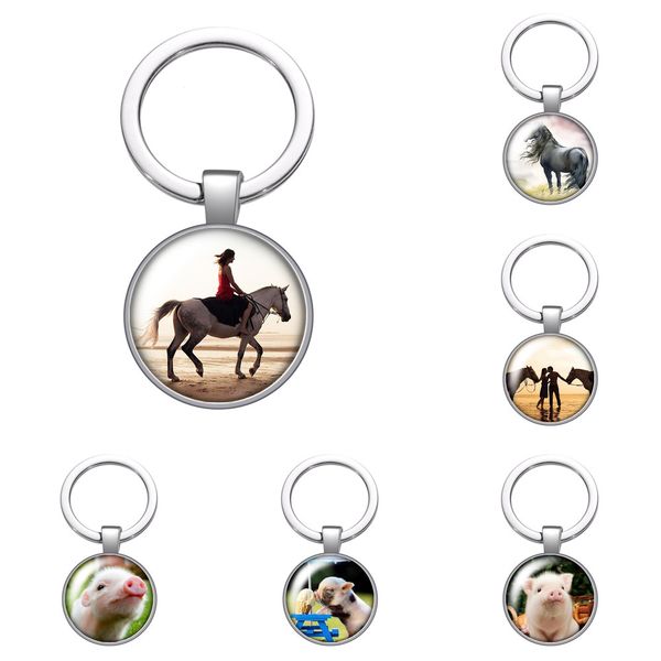 

love animals horse hedgehog pig glass cabochon keychain bag car key chain ring holder silver color keychains men women gifts