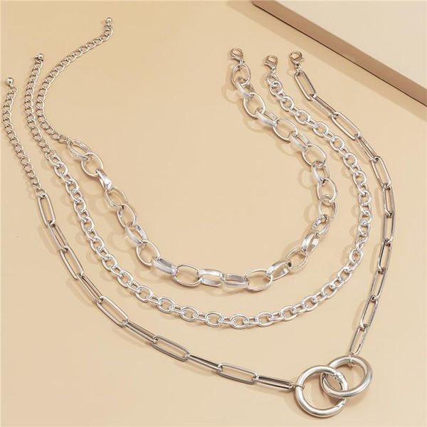 

3pcs/set cross chain round buckle necklace for women hip hop multi layered chunky circle link jewelry chains, Silver