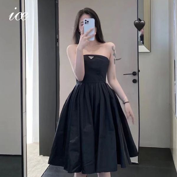 

ladies design dress fashion summer tube waist big swing black elegant and simple party costume, Black;gray