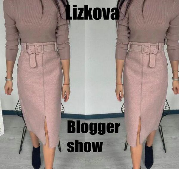 

two piece dress autumn winter woman pink woollen midi skirt high waist with belt warm elegant split s 9v1g, White