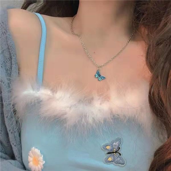 

pendant necklaces blue gradient butterfly necklace in clavicle chain women simple cold style fashion accessory couples girlfriend, Silver
