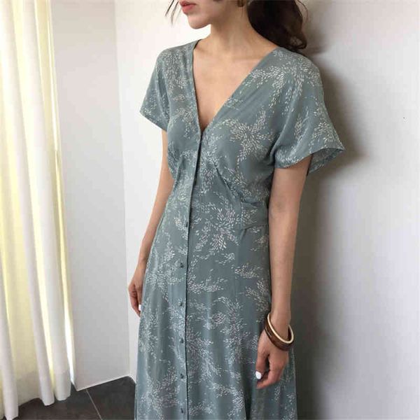 

dress fashionable single row button printed summer wear, v-neck, short sleeve, lace, 2021, Black;gray