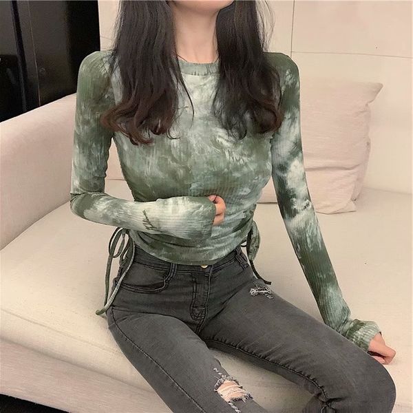 

women's tanks & camis 2021 korean style autumn winter women cotton long sleeve slim tie-dye tees round neck t-shirt, White